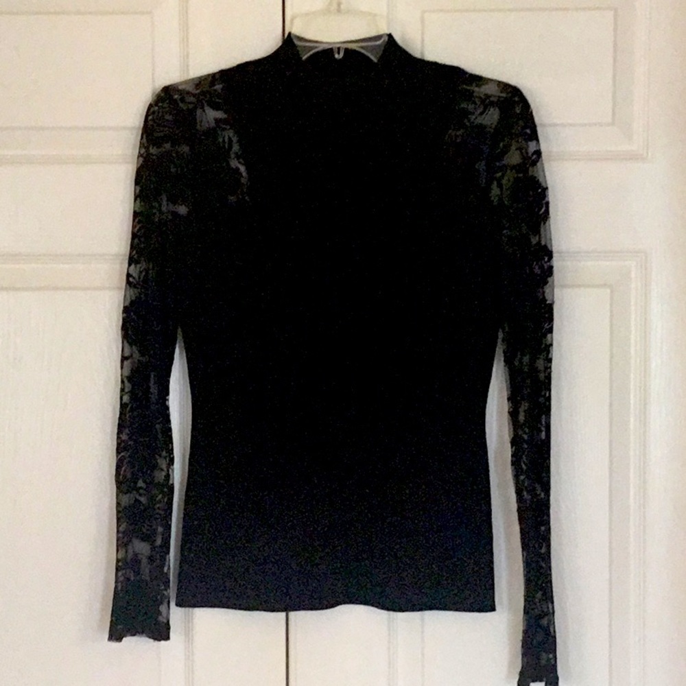 Gorgeous black dressy top with lace shoulders and sleeves